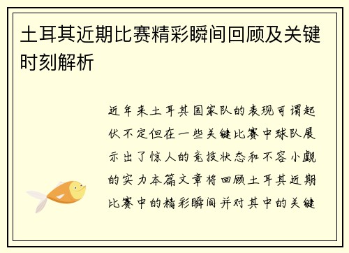土耳其近期比赛精彩瞬间回顾及关键时刻解析 土耳其近期比赛精彩瞬间回顾及关键时刻解析