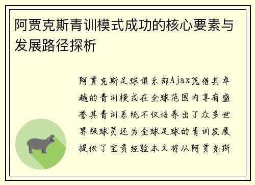 阿贾克斯青训模式成功的核心要素与发展路径探析