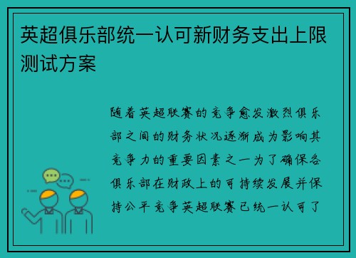 英超俱乐部统一认可新财务支出上限测试方案 英超俱乐部统一认可新财务支出上限测试方案