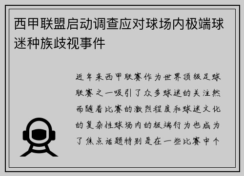 西甲联盟启动调查应对球场内极端球迷种族歧视事件 西甲联盟启动调查应对球场内极端球迷种族歧视事件