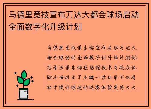 马德里竞技宣布万达大都会球场启动全面数字化升级计划