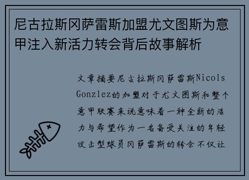 尼古拉斯冈萨雷斯加盟尤文图斯为意甲注入新活力转会背后故事解析